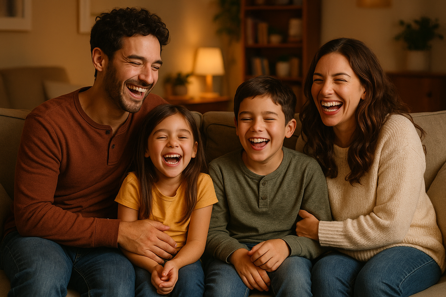 image de famille sur un canapé qui s'amuse et heureux